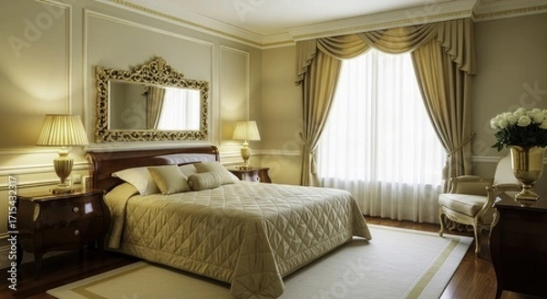 Fototapeta Luxurious and Elegant Bedroom Interior Design with Ornate Gold Accents, Featuring a Plush Bed, Classic Wooden Furnishings, Warm Lighting, and Stylish Window Drapes.