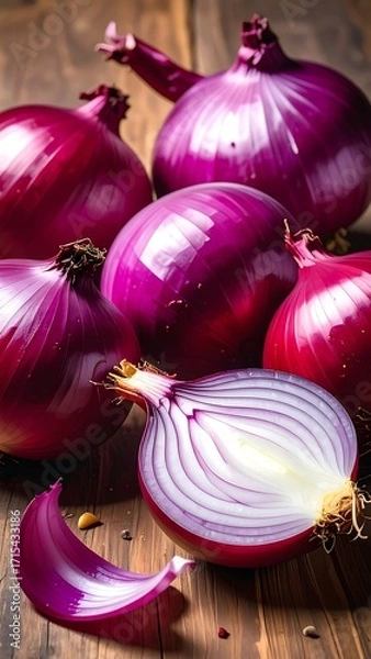 Fototapeta Close-up view of vibrant purple onions, whole and sliced, displayed on a rustic wooden surface.