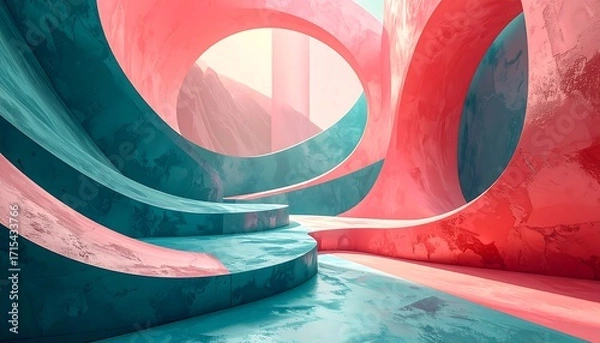 Fototapeta A vibrant, abstract architectural interior design showcasing flowing, textured forms in coral and teal tones.