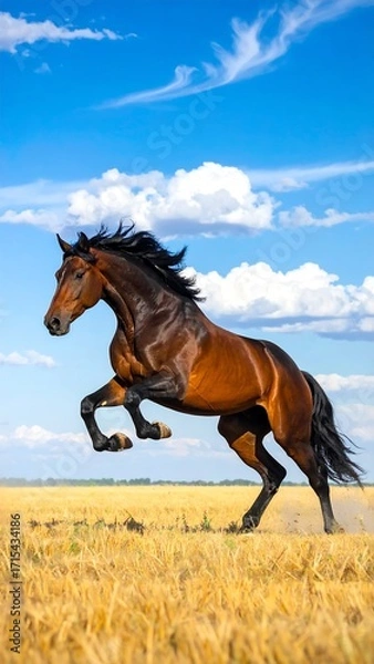 Fototapeta A majestic brown horse leaps gracefully in a golden wheat field against a vibrant blue sky dotted with fluffy clouds.