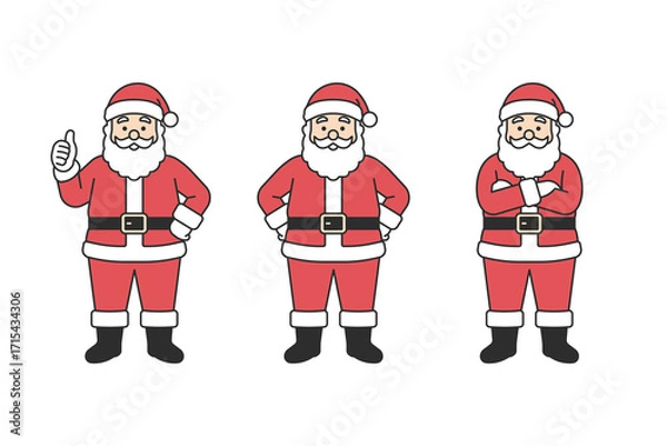 Fototapeta Santa Claus character set showing different poses with cheerful expressions, red suit, belt, boots and hat, festive Christmas mascot for holiday and celebration. Flat vector illustration