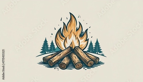 Fototapeta A vibrant illustration showcases a campfire crackling with life, surrounded by a tranquil forest scene.