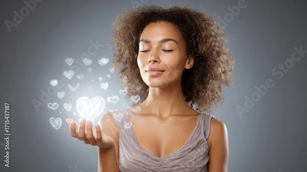 Fototapeta Empowering self-love woman embracing heart energy studio setting inspirational portrait soft lighting positive vibes