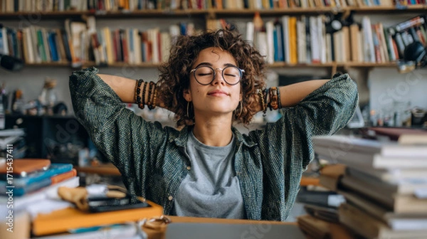 Fototapeta Relaxed woman enjoying peaceful reading time in cozy home office with bookshelves indoor environment calm perspective