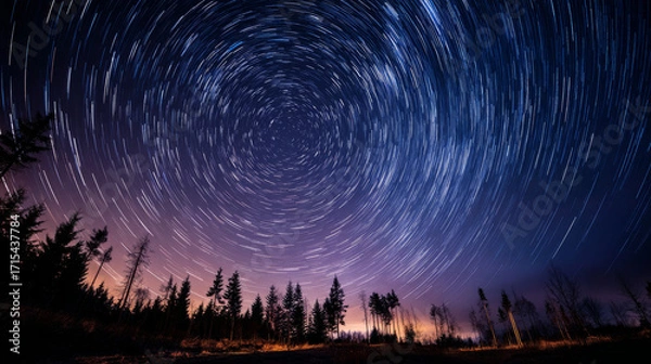 Fototapeta Star trails capture serene forest landscape night photography tranquil environment wide-angle view celestial motion
