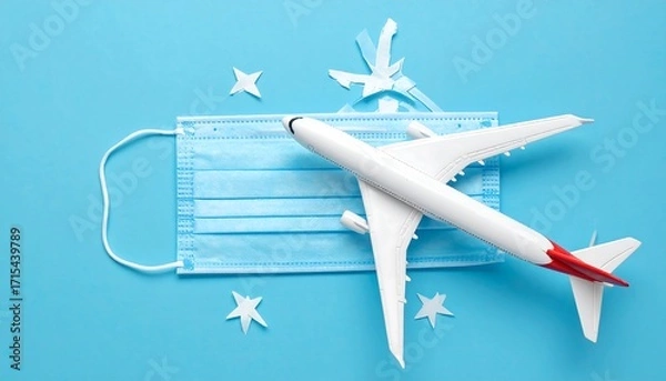 Fototapeta A miniature airplane rests atop a protective face mask, suggesting the cautious resumption of travel.