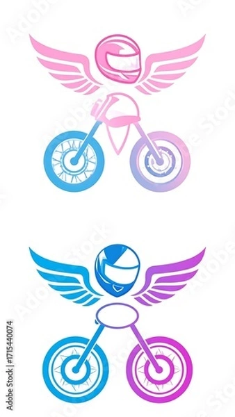 Fototapeta Two stylized motorcycle rider logos, featuring vibrant pink and blue color gradients, with wings, showcasing a dynamic and creative design.