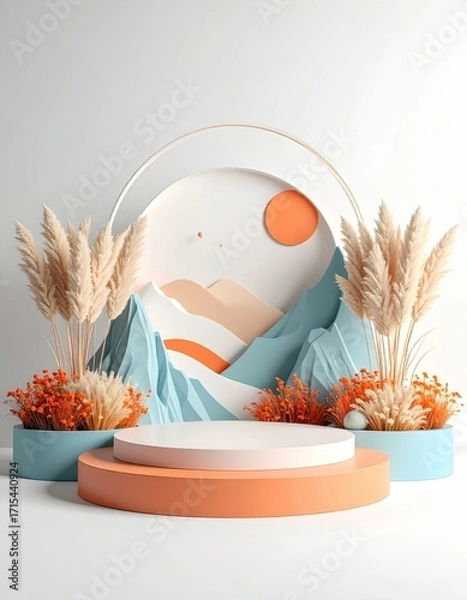 Fototapeta Minimalist 3D rendered scene with pastel-colored mountains, pampas grass, and a circular display stand