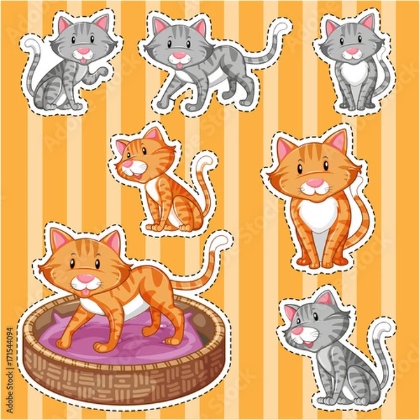 Fototapeta Sticker set with cute cats on yellow background