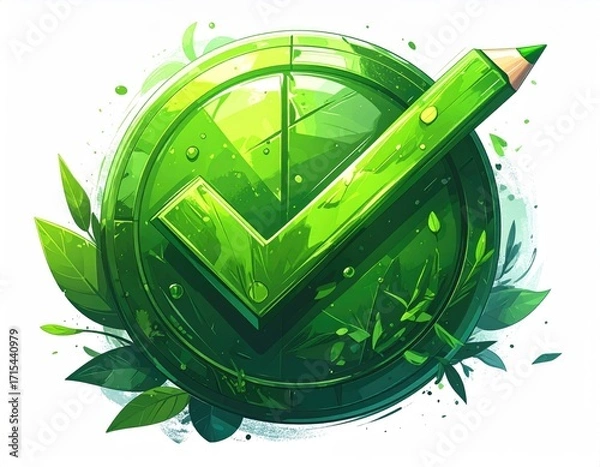 Fototapeta Green checkmark in a circular emblem, surrounded by leaves