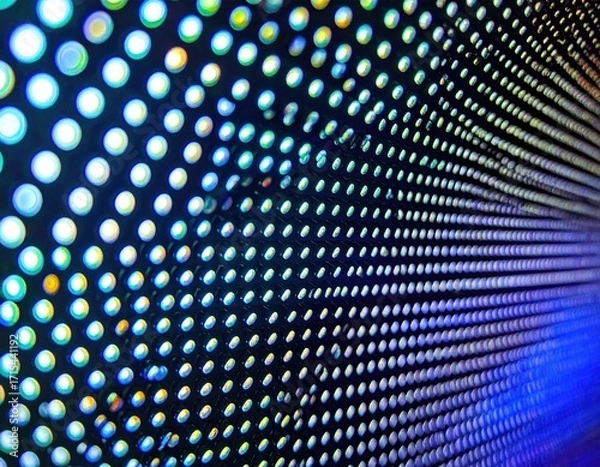Fototapeta Close-up of a vibrant LED screen, displaying a gradient of blue and teal lights in a grid pattern