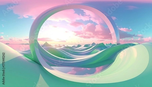 Fototapeta A serene, pastel-hued landscape with a large, circular archway framing a sunrise over rolling hills.