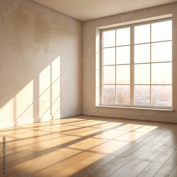 Fototapeta Sunlit empty room with hardwood floors and large window showing city view