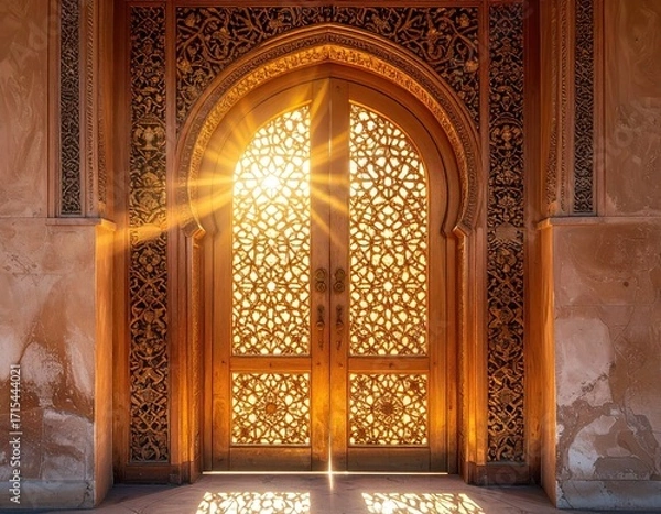 Fototapeta Ornate Carved Wooden Doorway Bathed in Golden Sunlight with Intricate Geometric Patterns and Beige Weathered Walls During Sunset in India