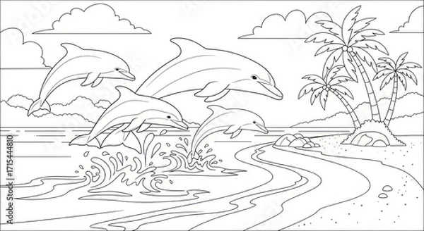 Obraz Dolphins jumping seaside scene