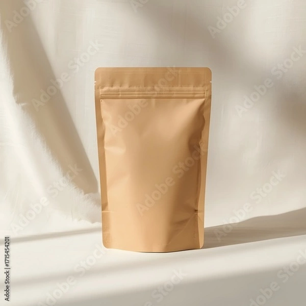 Obraz Minimal mockup of blank brown kraft paper pouch standing on soft fabric draped background, eco friendly packaging design template for branding, product presentation and natural concept style