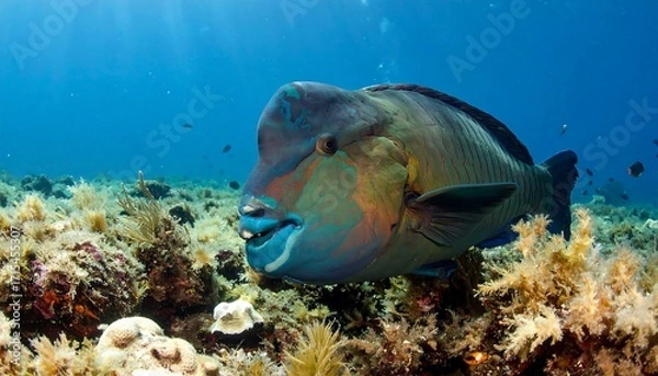 Fototapeta A vibrant parrotfish, with striking multicolored scales, gracefully navigates a shallow coral reef, showcasing the underwater beauty of a tropical marine ecosystem.