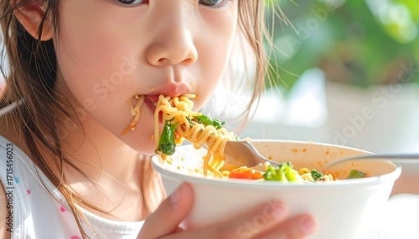 Fototapeta Close-up of a young child happily eating noodles, showcasing a close-up view of the food and the child's expression.