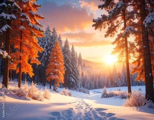 Obraz A breathtaking winter sunrise paints the snow-covered forest with vibrant hues of orange and gold, casting warm light on the frosted trees and trails.
