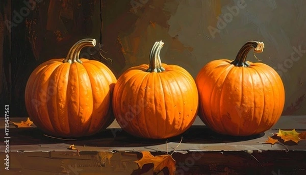 Fototapeta Three vibrant pumpkins, rich orange hues, illuminated by natural light, sit in a still life composition on a rustic surface, with autumn leaves.