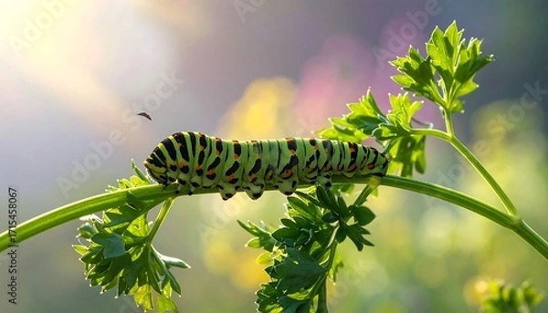 Fototapeta A vibrant caterpillar, adorned with striking black and orange stripes, gracefully navigates a parsley stem bathed in morning light.