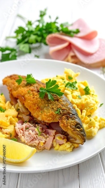 Obraz A plated dish of breaded and pan-fried fish, filled with ham and eggs, accompanied by potato noodles and fresh parsley.