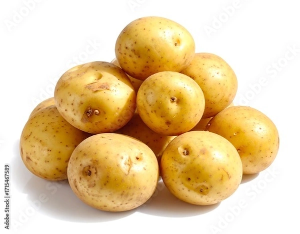 Fototapeta A pile of fresh, yellow potatoes arranged in a pyramid shape against a plain white background.