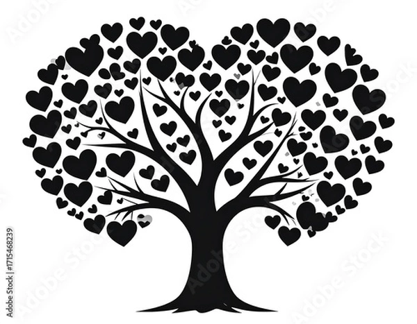 Fototapeta A symmetrical black silhouette tree design, elegantly adorned with numerous heart-shaped decorations, radiating a peaceful and loving mood.