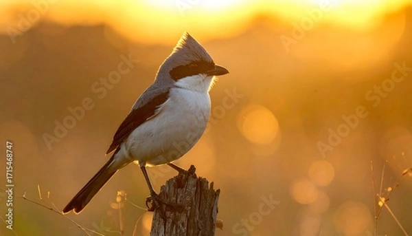 Obraz A gray and white bird perches gracefully on a weathered wooden post bathed in the warm golden light of sunrise.