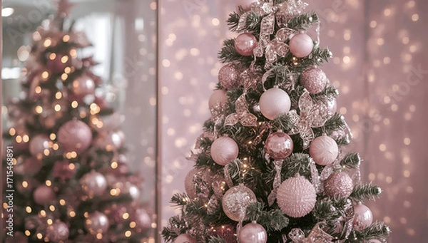 Fototapeta Elegant christmas tree decoration in delicate pink indoor setting lucid realism background holiday atmosphere