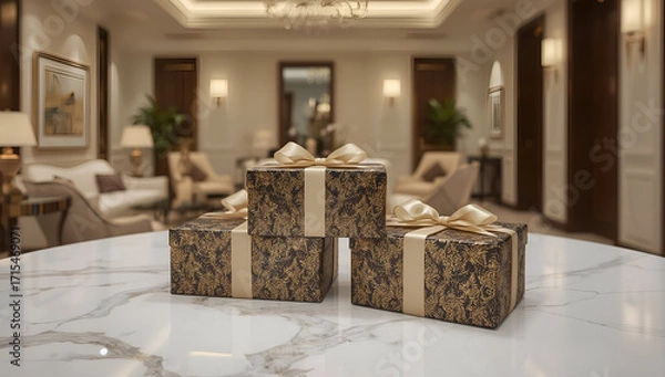 Fototapeta Elegant gift boxes with intricate gold patterns luxurious interior background still life composition opulent environment