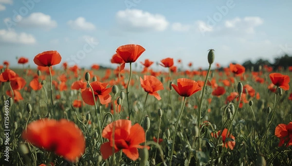 Fototapeta Vibrant red poppies in a lush green field nature scene bright sky background lucid realism