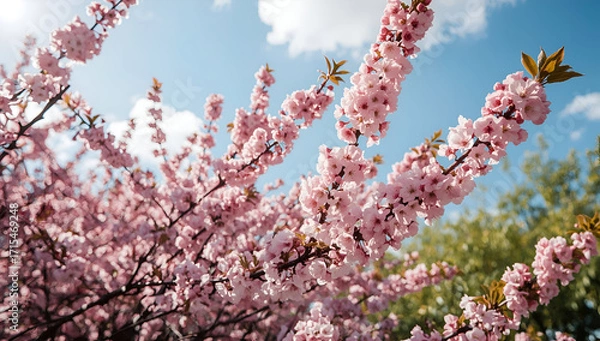 Fototapeta Gently falling pink cherry blossoms in a serene nature background captured in lucid realism from a tranquil viewpoint