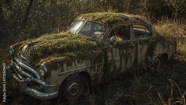 Fototapeta Abandoned vintage car covered in moss nature background photography rustic environment close-up view lucid realism concept