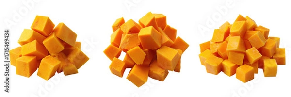 Fototapeta Freshly Cut Cubes of Bright Orange Butternut Squash on a Transparent Background