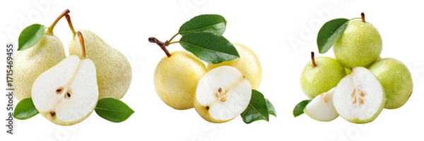 Fototapeta Fresh Pears with Green Leaves on Transparent Background for Healthy Eating