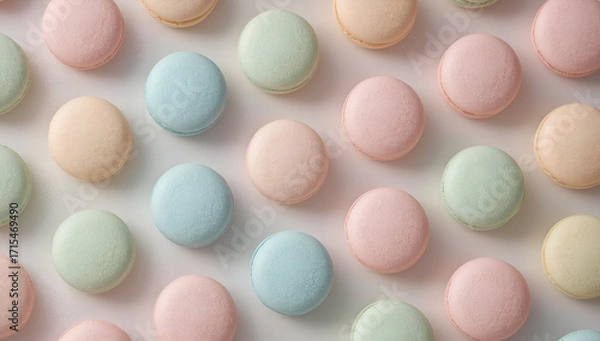 Fototapeta Delightful assorted macarons in soft pastel colors kitchen background food photography bright environment top view sweet concept