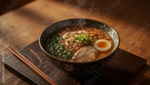 Fototapeta Savoring lucid realism japanese ramen bowl with steaming tonkotsu in a rustic background