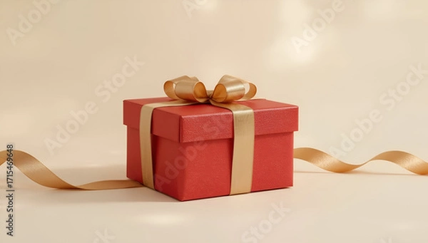 Fototapeta Elegant red gift box with golden ribbon against soft background luxurious presentation minimalist style warm atmosphere