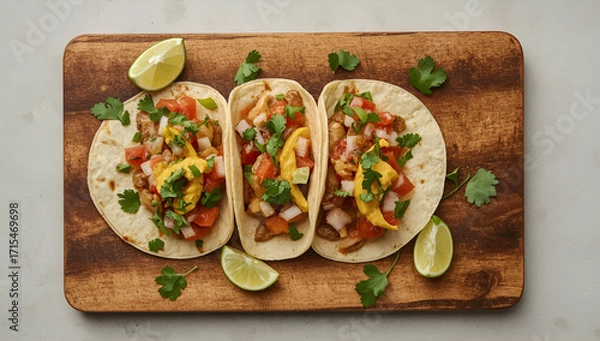 Fototapeta Vibrant tacos with fresh salsa and lime wedges mexican cuisine food background rustic setting for a flavorful experience