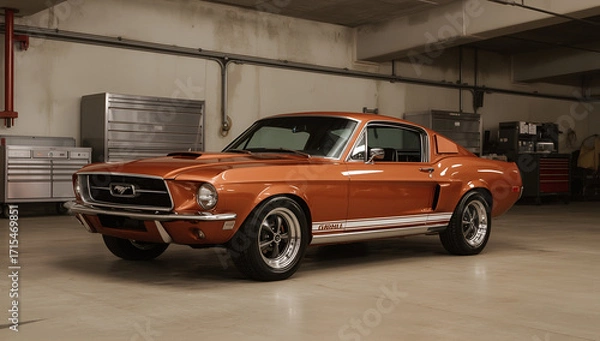Fototapeta Restored vintage mustang with gleaming chrome garage setting automotive photography industrial background