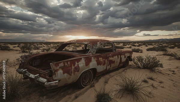 Fototapeta Rusty abandoned vintage car at dusk desert background photography natural landscape side view lucid realism concept