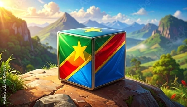 Fototapeta A vibrant, three-dimensional cube, emblazoned with the flag of the Democratic Republic of Congo, sits atop a rocky outcrop, framed by a picturesque mountain vista.