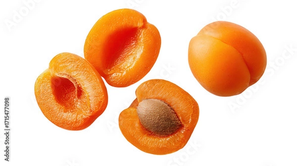 Fototapeta Halved And Whole Ripe Apricots On Black Background