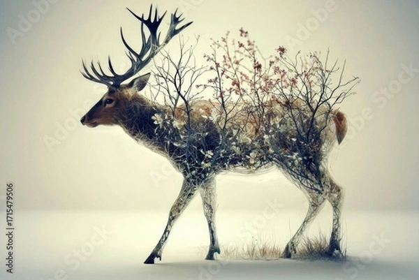 Fototapeta Captivating fusion of wildlife and nature through a double exposure of a red deer and plants.