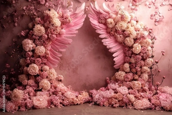 Fototapeta Unique photography backdrop showcasing a blend of floral elements and angelic motifs.