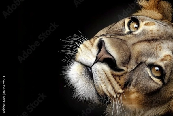 Fototapeta Intense close-up of a lion's face against a dark backdrop.
