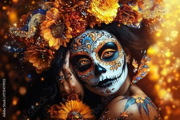 Fototapeta Vibrant sugar skull adorned with colorful flowers.