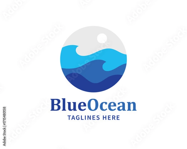 Fototapeta Modern circular design featuring layered blue ocean waves with a sun above, ideal for marine, travel, and environmental branding