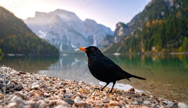 Fototapeta A blackbird perches on a lakeshore, framed by stunning mountain scenery and a serene lake.